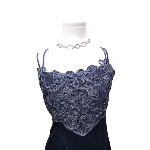 Vtg 90s Pia Black Velvet Formal Long Side Slit Vampy Whimsi Goth Applique Dress - Picture 2 of 8